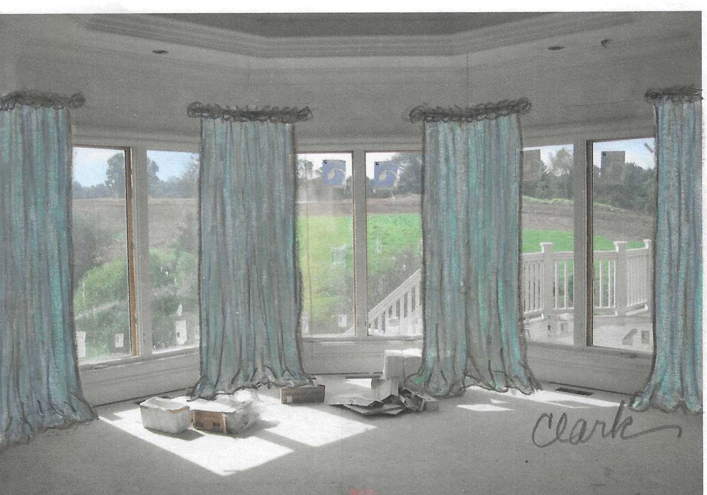 Rendering of full-length draperies across a bay window, drawn over a photograph