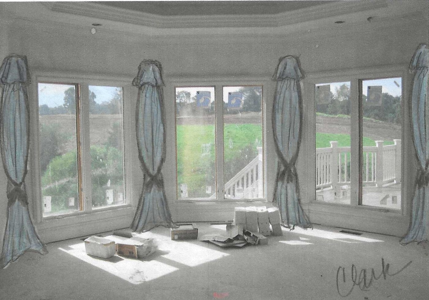 A second treatment for the same bay window, with tied-back panels