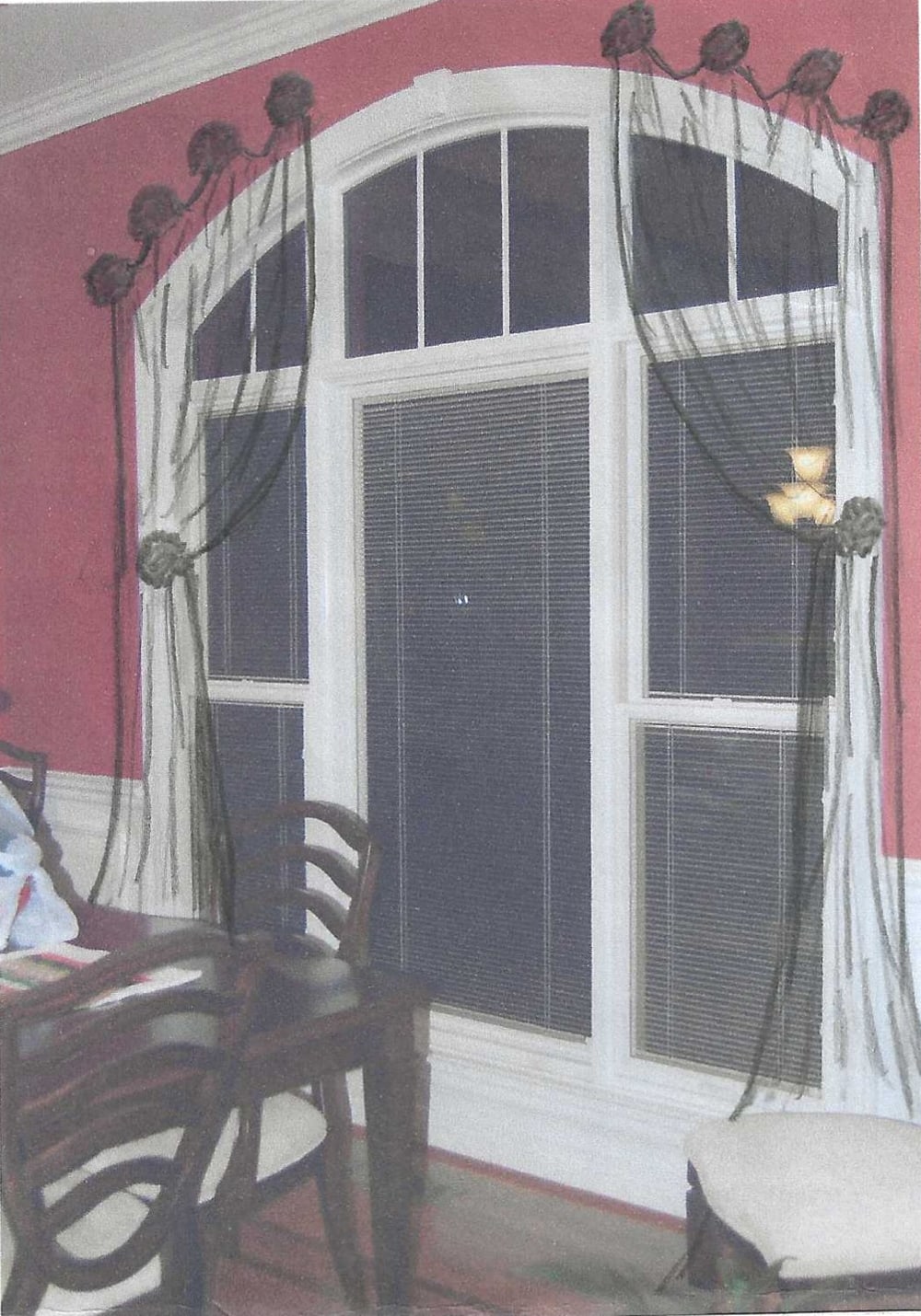Rendering of a dining room window treatment drawn over a photograph of the room