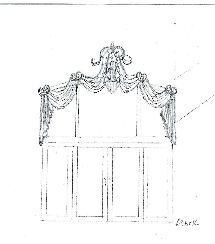 Pencil drawing of a swagged valance with jabots for a tall arched window