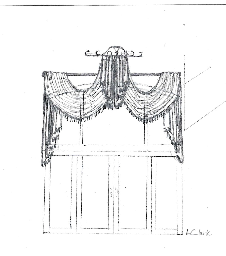 Pencil drawing of a fuller swag treatment with a centre crown for the same window