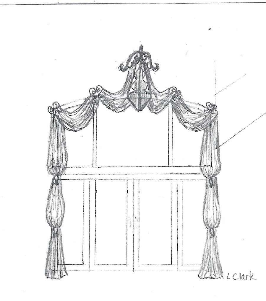 Pencil drawing of a swag with full-length side panels for the same window